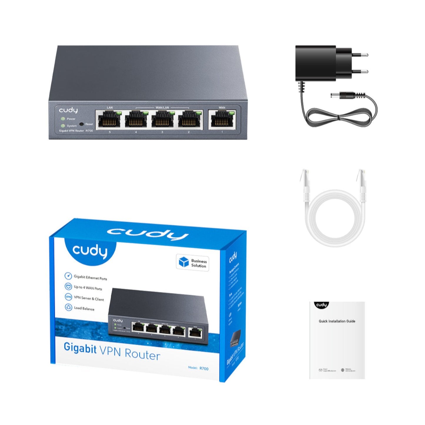 Cudy R700 Multi-WAN Gigabit Router – VPN Support, High-Performance, Secure with essential accessories for seamless connectivity.