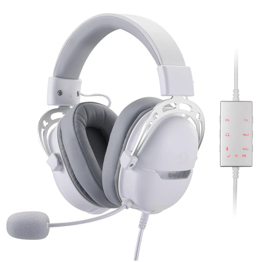 REDRAGON Over-Ear AURORA Gaming Headset - White with high-precision 40mm drivers for immersive 7.1 USB gaming audio.