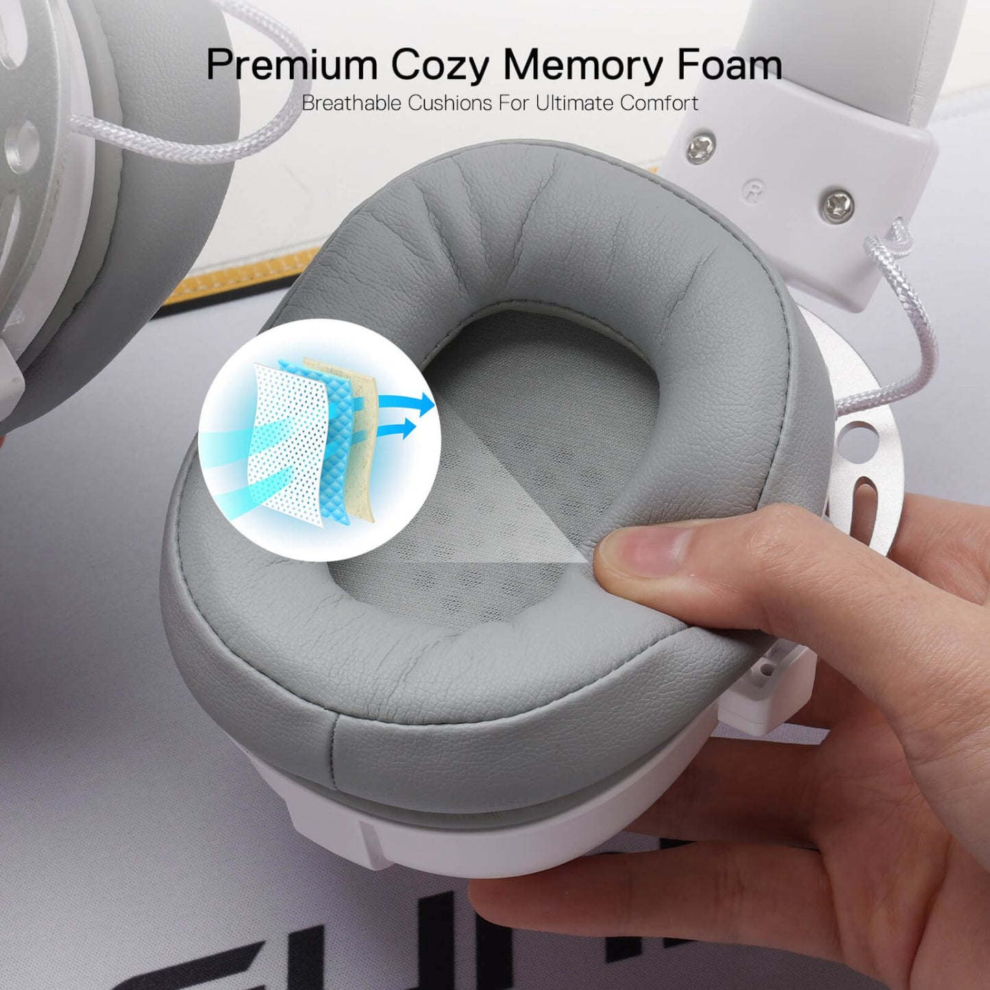 Redragon Over-Ear AURORA Gaming Headset - White with memory foam ear cushions for immersive gaming comfort