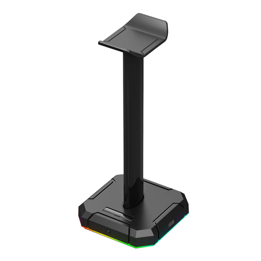 Redragon HA300 Scepter Pro RGB Headset Stand with USB Hub (4 x USB 2.0, RGB Lighting) showcasing sleek design and ambient RGB lighting.