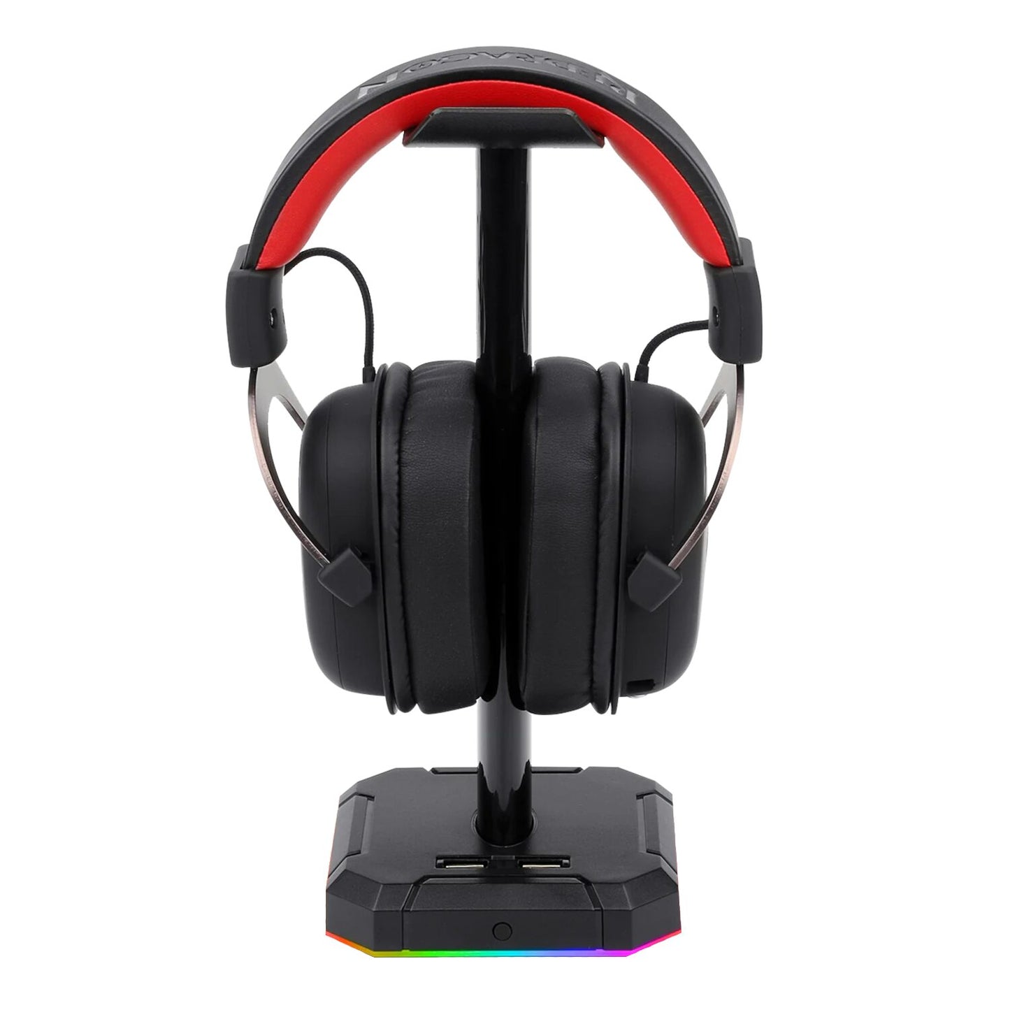 Redragon HA300 Scepter Pro RGB Headset Stand with USB Hub (4 x USB 2.0, RGB Lighting) on sleek black desk with ambient lighting