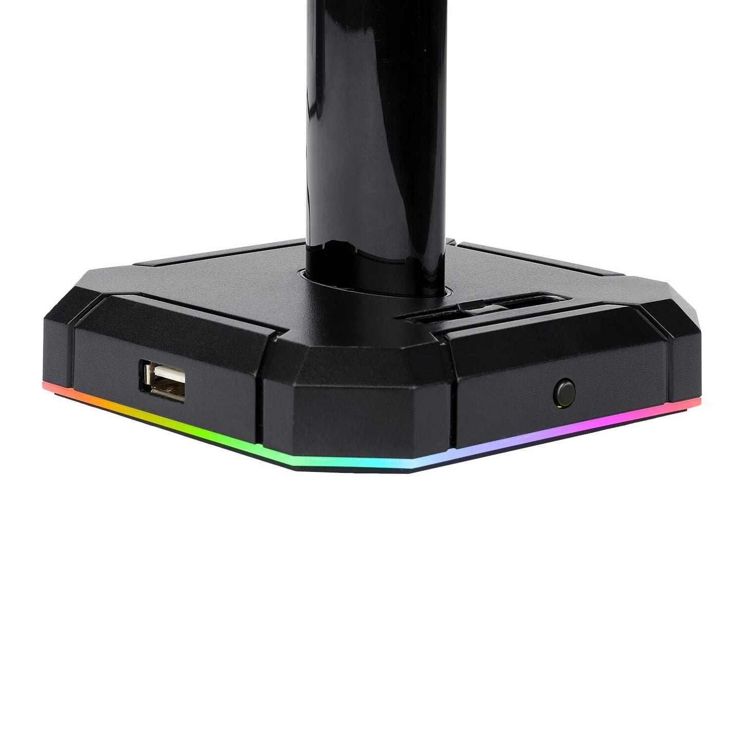 Redragon HA300 Scepter Pro RGB Headset Stand with USB Hub (4 x USB 2.0, RGB Lighting) showcases a sleek design with ambient RGB lighting and multiple USB ports.