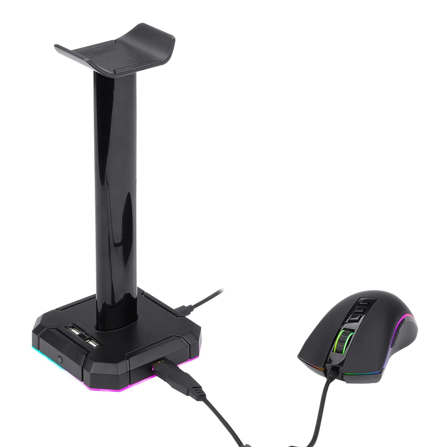 Redragon HA300 Scepter Pro RGB Headset Stand with USB Hub (4 x USB 2.0, RGB Lighting) on desktop with headset and glowing ambient lighting.