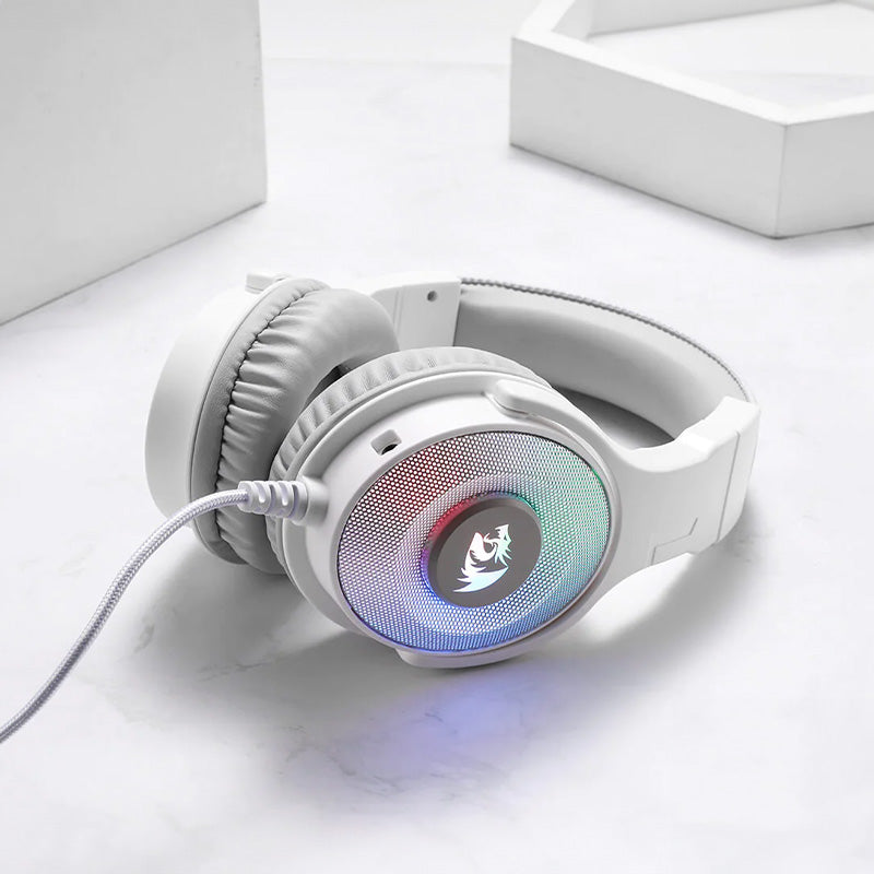 Stylish REDRAGON Over-Ear PANDORA USB (Power Only)|Aux (Mic and Headset) RGB Gaming Headset - White with vibrant RGB.