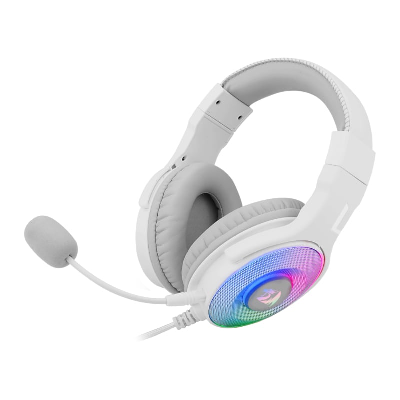 Sleek REDRAGON Over-Ear PANDORA USB (Power Only)|Aux (Mic and Headset) RGB Gaming Headset - White with vibrant RGB lighting.