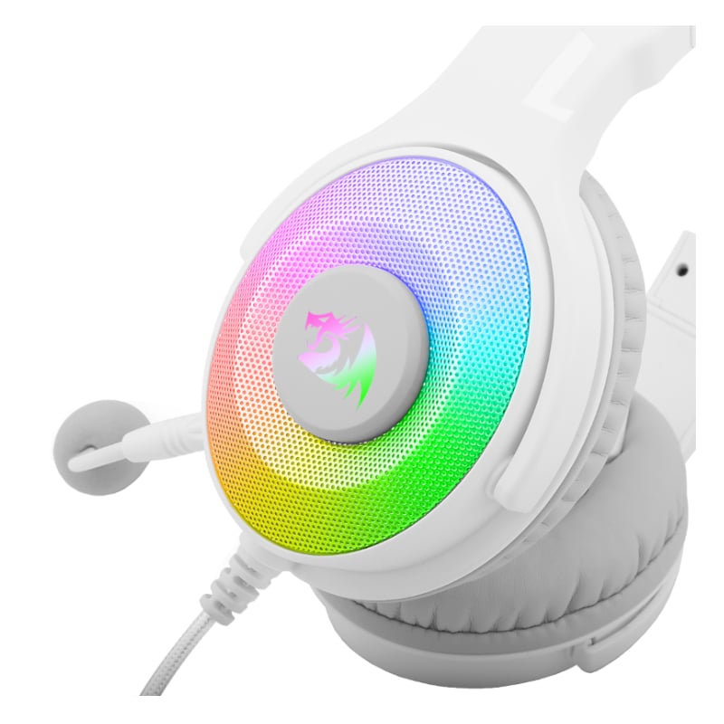 Sleek REDRAGON Over-Ear PANDORA USB (Power Only)|Aux RGB Gaming Headset - White with vibrant LED lighting.