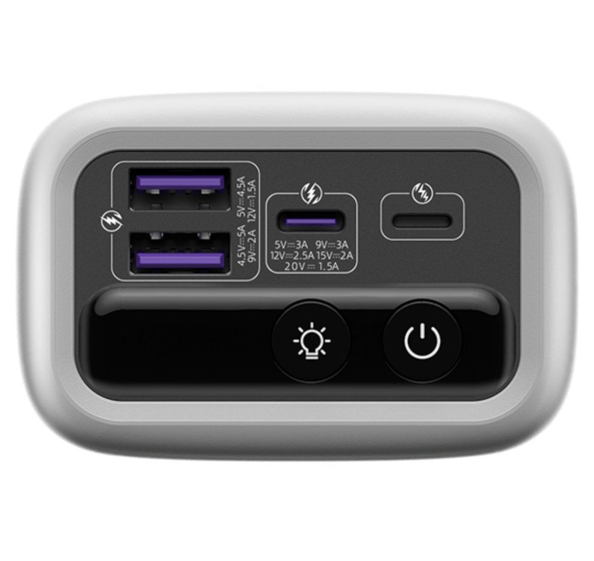 Top view of the Romoss PMT30 30000mAh 30W Fast Charge Power Bank – Silver, showcasing multiple charging ports.