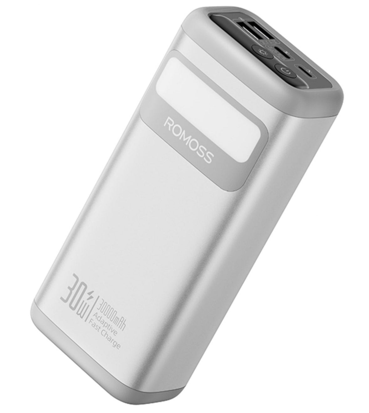 Romoss PMT30 30000mAh 30W Fast Charge Power Bank – Silver offers reliable energy with high capacity for multiple charges.
