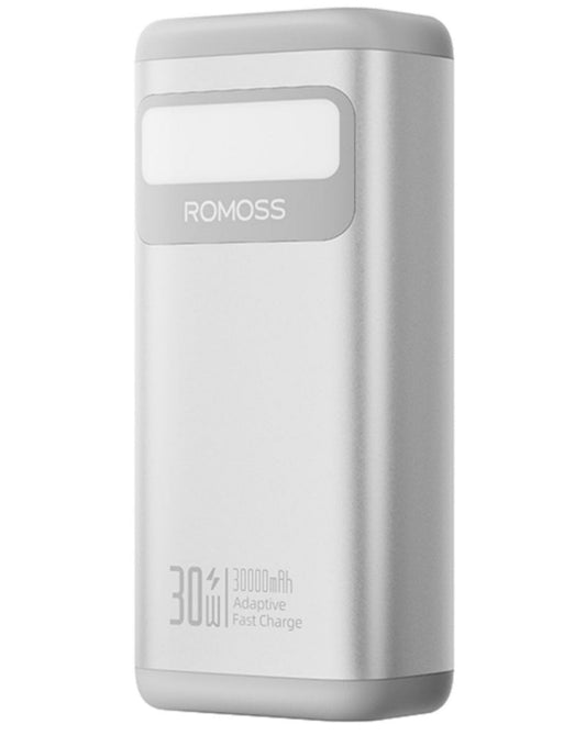 Sleek Romoss PMT30 30000mAh 30W Fast Charge Power Bank – Silver, perfect for reliable energy on the go.