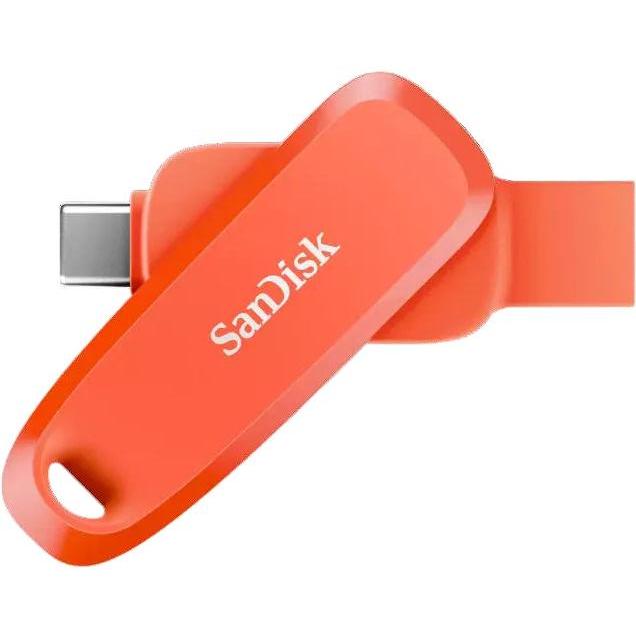 An orange SanDisk USB-C flash drive with a matching orange protective cap, shown on a plain white background.