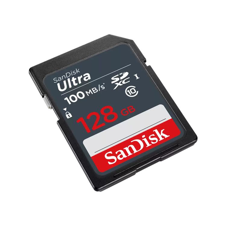 SanDisk Ultra 128GB SDXC UHS-I memory card angled view - SDSDUNR-128G-GN3IN