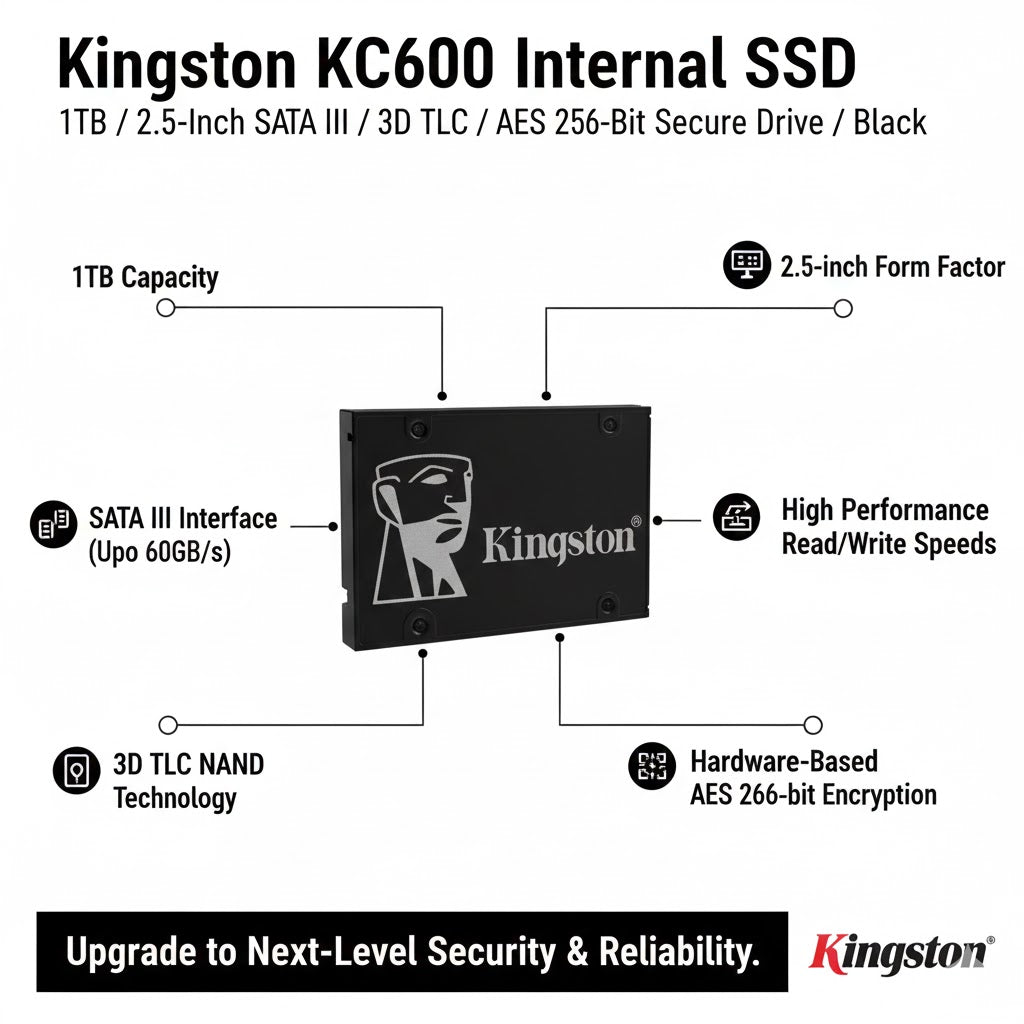 Kingston KC600 1TB 2.5-Inch SATA III Internal SSD 3D TLC AES 256-Bit Secure Drive