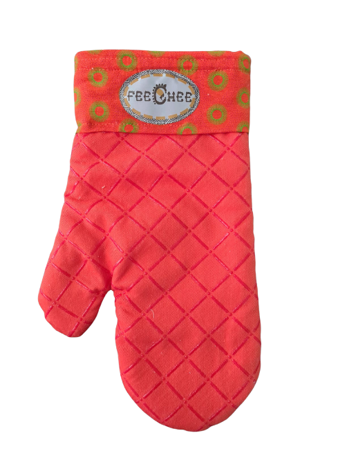 Handmade red oven mitt with Shwe-Shwe trim complements the 5-Piece Mirror Finish Heavy-Bottom Stainless Steel Cookware Set.