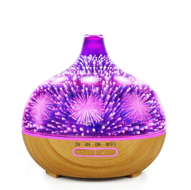 400ml Glass Aroma Diffuser with Firework Design featuring 3D light effect and woodgrain base for calming fragrance.