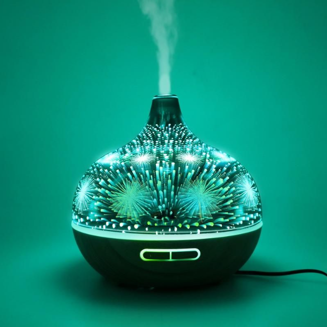 400ml Glass Aroma Diffuser with Firework Design featuring 3D light effect and woodgrain base for soothing essential oils.