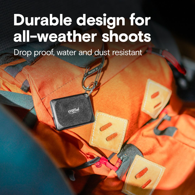 Fast Crucial X10 1TB Portable SSD – USB Type-C Compatible, rugged and drop-proof, perfect for all-weather shoots.