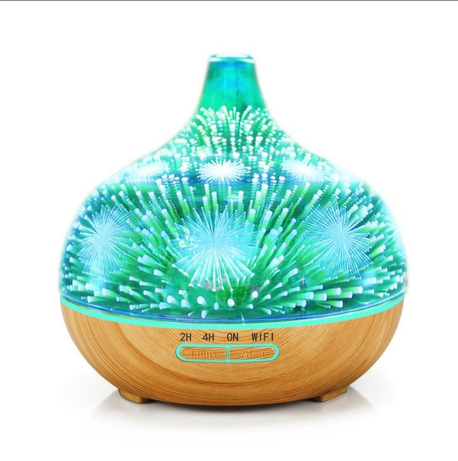 400ml Glass Aroma Diffuser with Firework Design featuring 3D light and woodgrain base for stress relief and mood lift