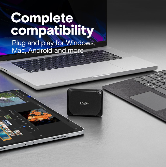 Fast Crucial X10 1TB Portable SSD – USB Type-C Compatible enhances digital workflows with speed and durability.