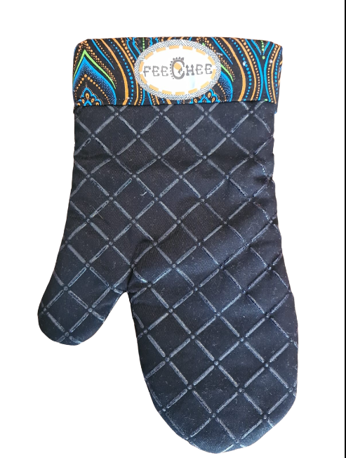 Stylish black oven mitt with Shwe-Shwe trim, part of the 15-Piece Premium Heavy-Bottom Stainless Steel Cookware Set.