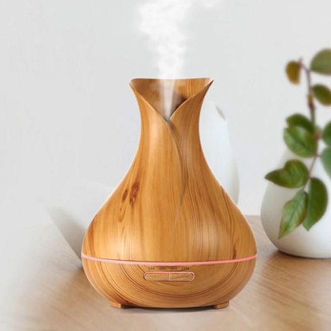400ml Tulip Aroma Diffuser with LED Light in wood grain finish releasing mist, perfect for home or office ambiance