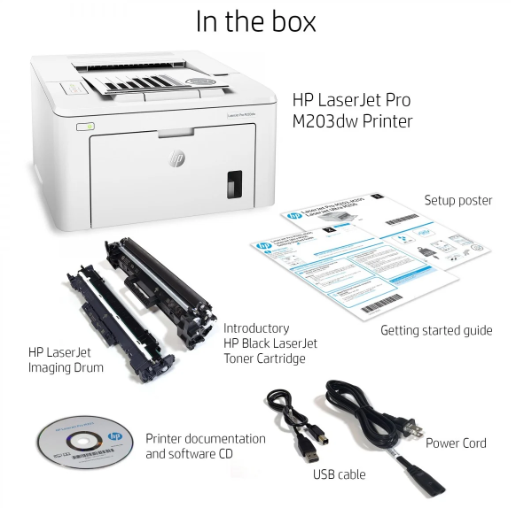 PRE-Loved HP LaserJet Pro M203DW - Compact Wireless Laser Printer, Reliable accessories and setup included for efficiency.