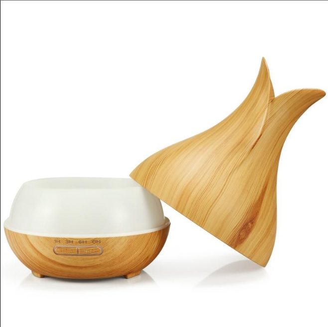 400ml Tulip Aroma Diffuser with LED Light featuring floral wood design and 10-12 hour mist capacity for home or office.