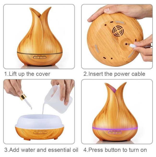 400ml Tulip Aroma Diffuser with LED Light showing setup steps for elegant aromatherapy mist and floral design.