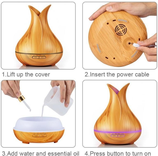 400ml Tulip Aroma Diffuser with LED Light showing setup steps for elegant aromatherapy mist and floral design.