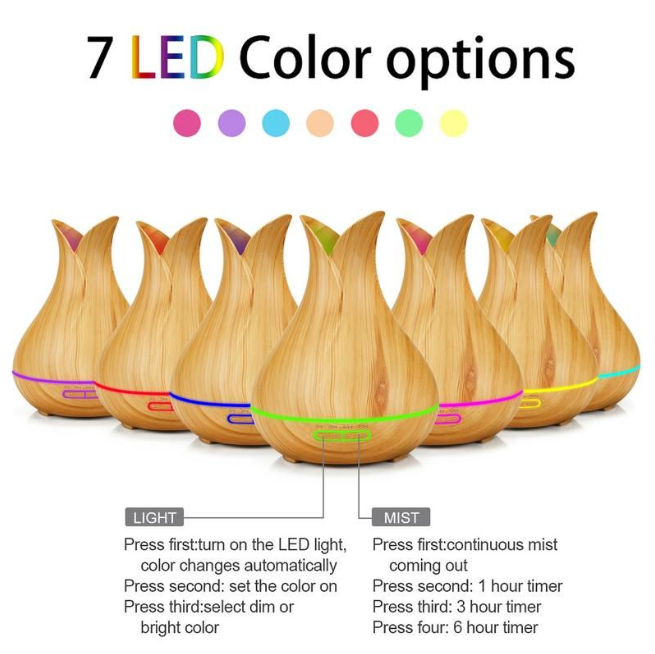 400ml Tulip Aroma Diffuser with LED Light showing 7 color options and timer settings for stylish aromatherapy