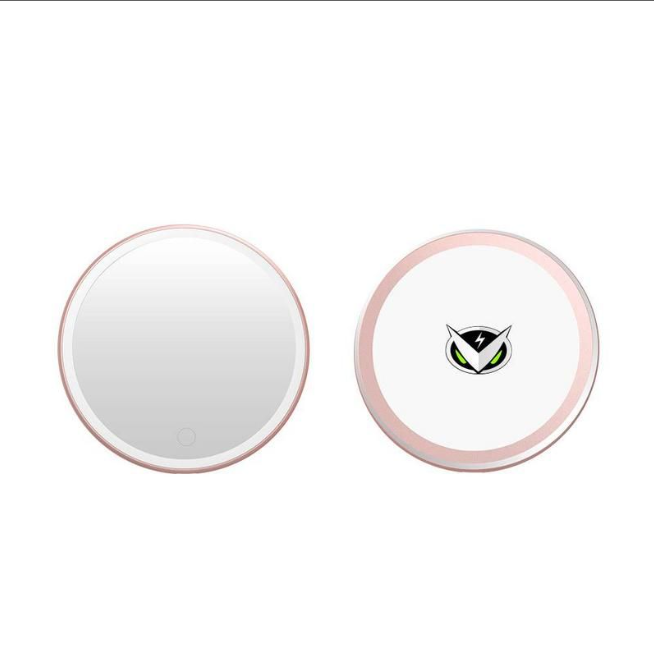 LED Portable Makeup Mirror with Built-in Wireless Charger - Rose Gold shown front and back with clear lighting ring and logo.