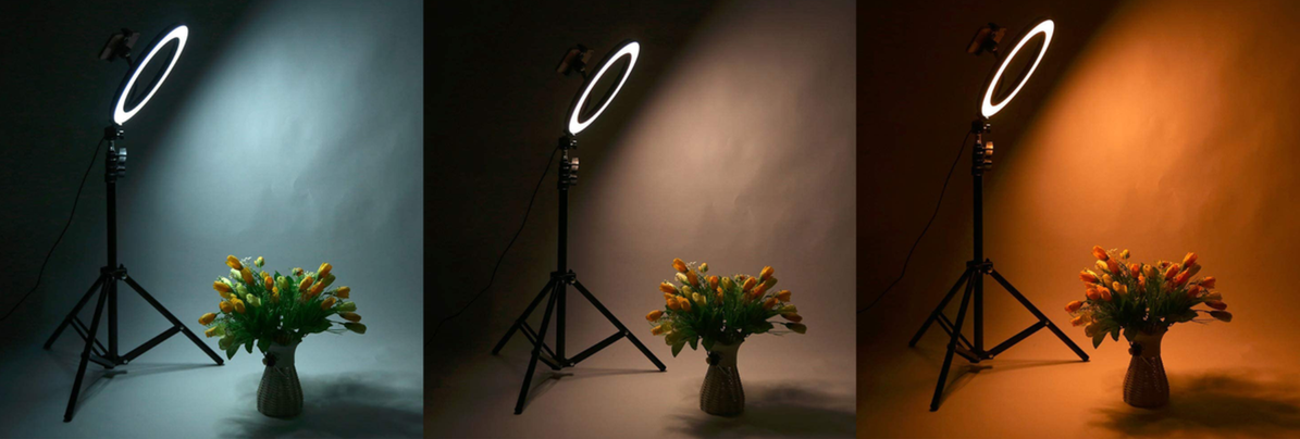 5-in-1 Rotatable LED Ring Light with Tripod – 3 Lighting Modes, 26cm showing cool, warm, and neutral light settings with bouquet