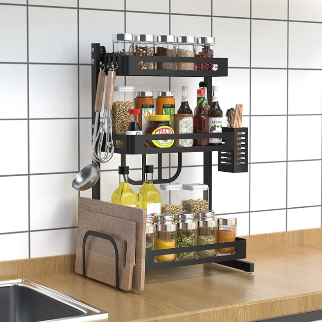 Silkinder 3-Tier Spice Rack – Free-Standing, Multifunctional Kitchen Organizer - Black with jars, bottles, and utensils on countertop