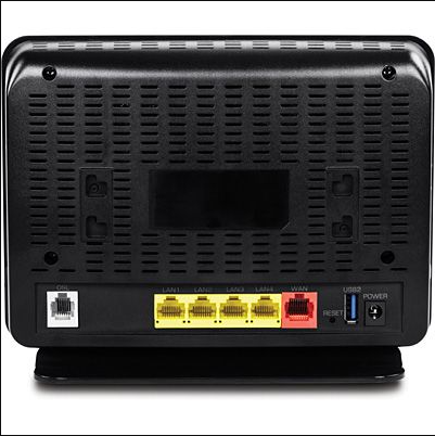 TRENDnet AC750 Dual-Band VDSL2/ADSL2 WiFi Router with 4-port switch for high-speed home internet connectivity.