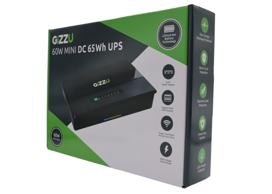 GIZZU 60W 65Wh 17600mAh Mini POE DC UPS Lithium - Black offers reliable power backup for devices during outages.