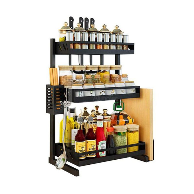 Silkinder 3-Tier Spice Rack – Free-Standing, Multifunctional Kitchen Organizer - Black holding spices, bottles, oils, and condiments neatly.