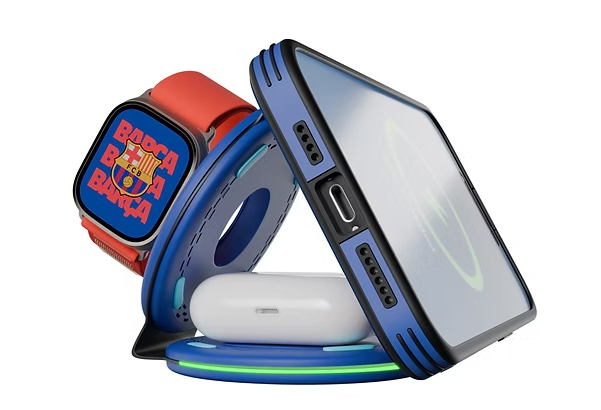 FCB 3-in-1 Foldable Wireless Charging Station – Fast Qi Charger for Phone, Watch & Earbuds in vibrant Barcelona design.