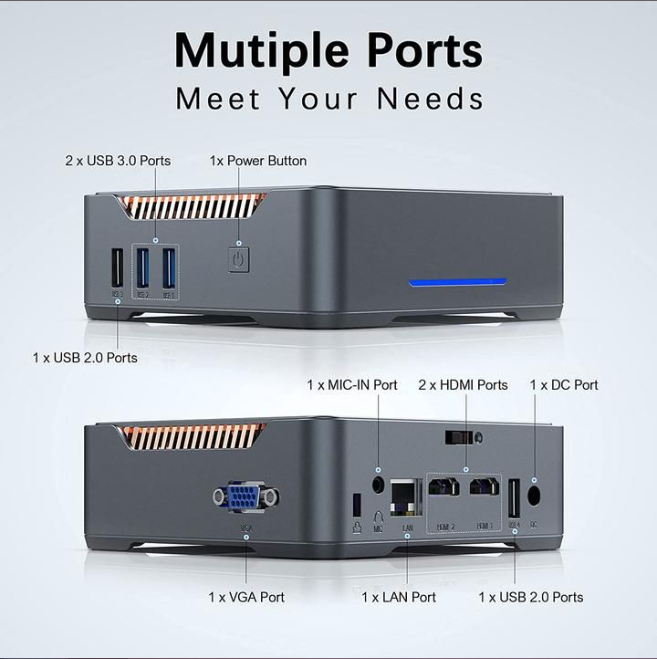 Compact Decibell Mini PC, Powerful, and Ready for 4K Performance features multiple ports for versatile connectivity.