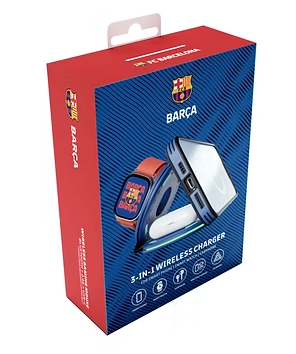 FCB 3-in-1 Foldable Wireless Charging Station – Fast Qi Charger for Phone, Watch and earbuds, stylishly powered by FC Barcelona.