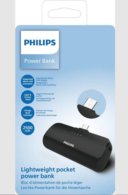 PRE-Loved Philips Compact Power Bank 2500mAh - Micro-USB Portable Charger (O-DLP2510U/00) in sleek packaging.
