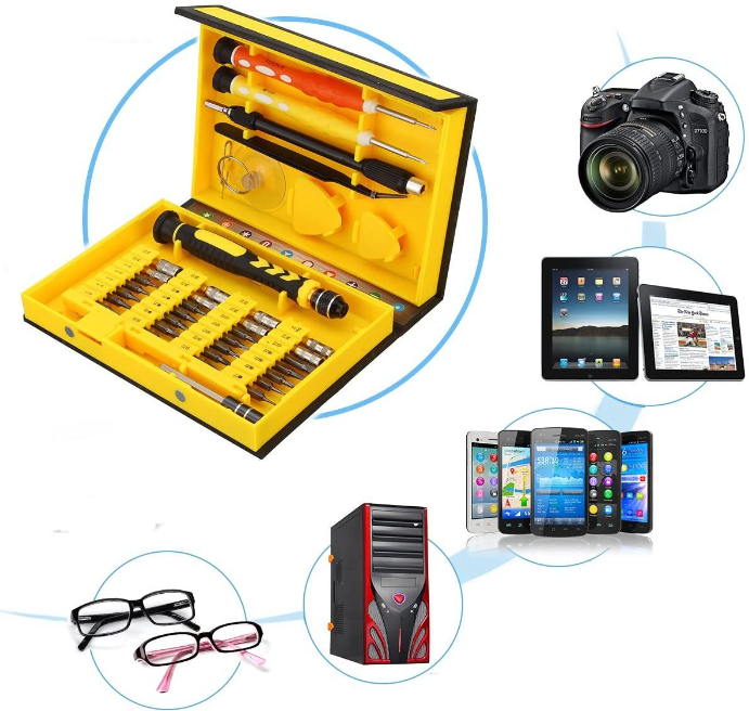 38-Piece Multi-Function Screwdriver Tech Repair Kit with magnetic handle and 38 precision bits for electronics and gadgets repairs.