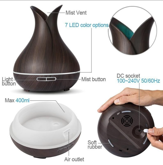 Enhance your space with the 400ml Tulip Aromatherapy Diffuser – Relaxing Essential Oil Humidifier for soothing ambiance.
