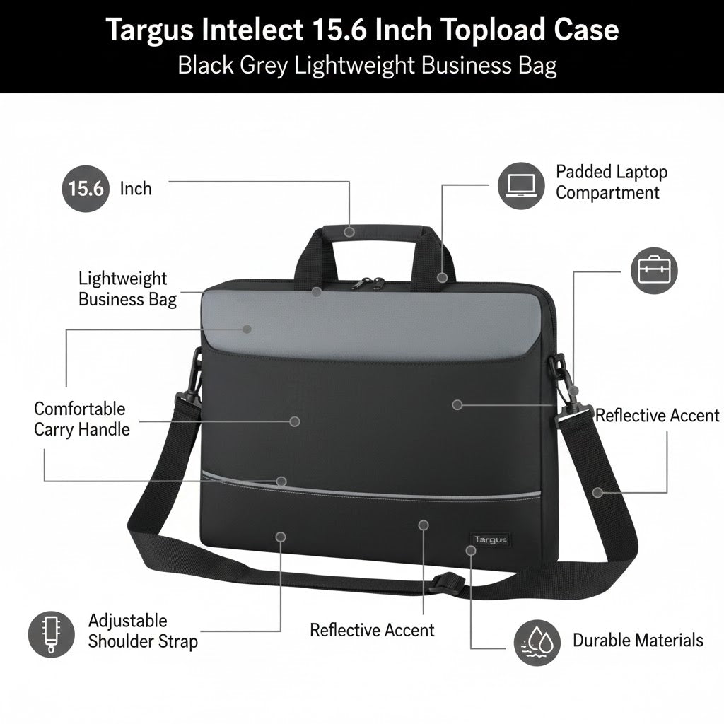 Targus Intellect 15.6 Inch Topload Laptop Case Black Grey Lightweight Business Bag