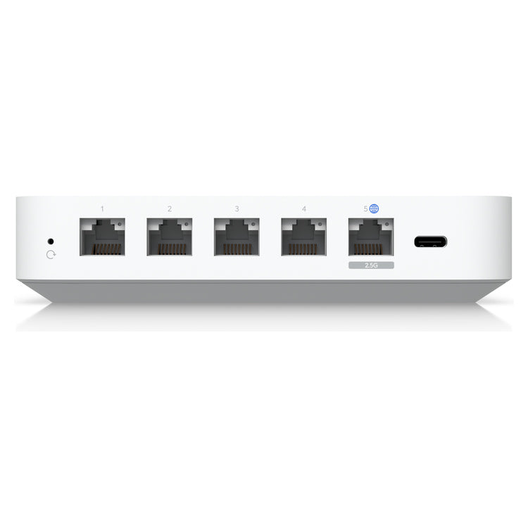 Ubiquiti UniFi Cloud Gateway Ultra UCG-ULTRA-EU rear view with five Ethernet ports and USB-C power