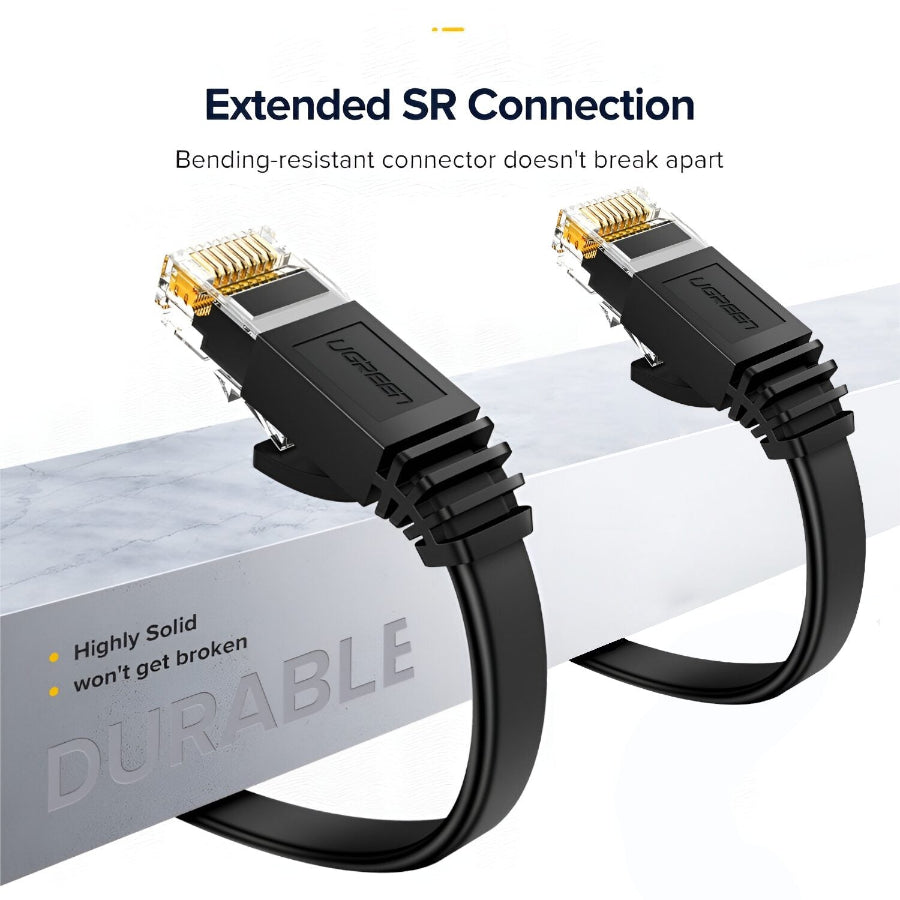 UGREEN NW102 Cat6 U/UTP Flat Ethernet Cable 15m - Black features durable connectors for stable, high-speed connections.