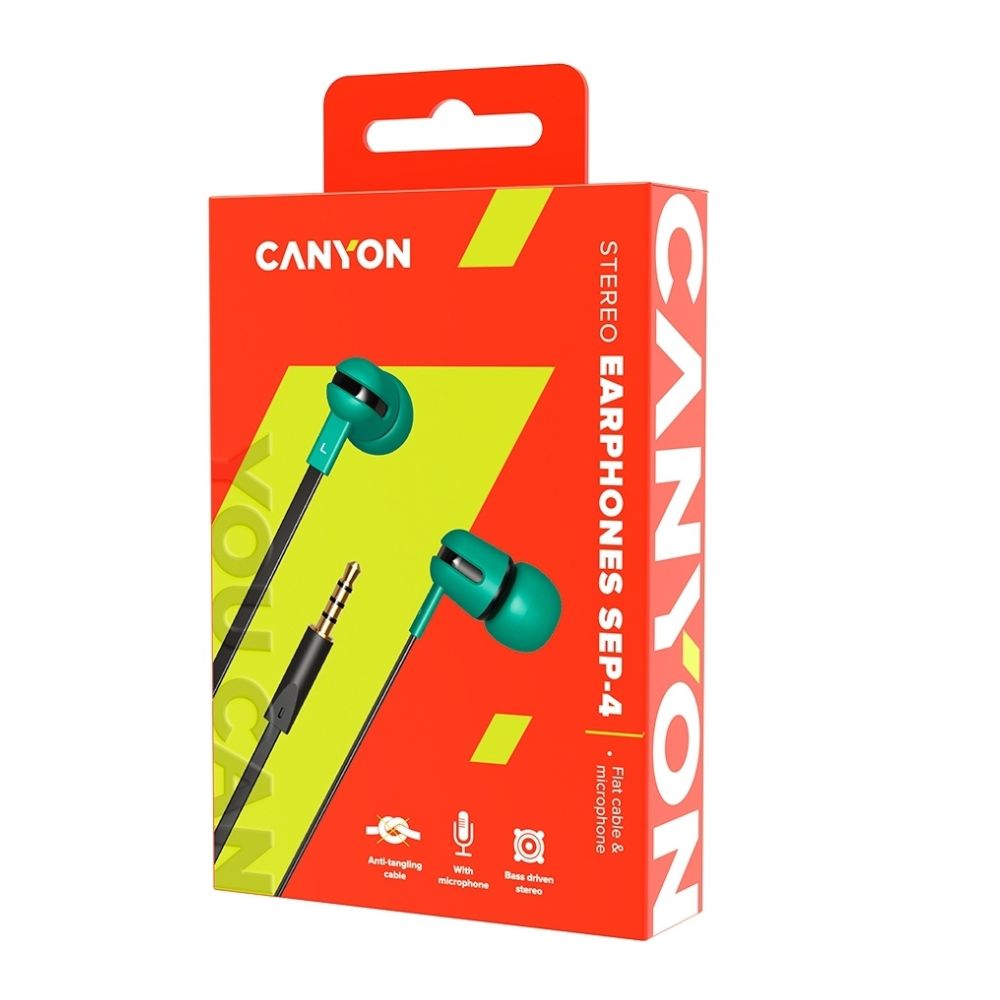 CANYON CNS-CEP4G Wired Multimedia Headset – In-Ear, Stereo Sound, Mic, 3.5mm Jack – Green on retail box with green earbuds