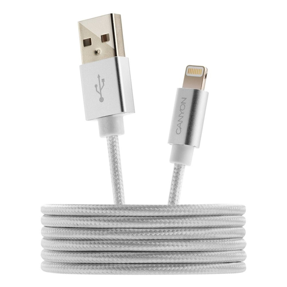 Canyon MFI-3 Type-A to Lightning 1m cable, Pearl White braided, MFi-certified fast‑charging cable