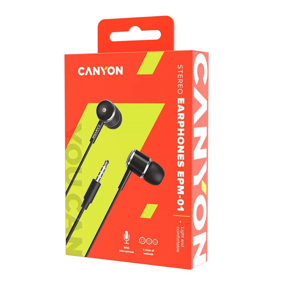 Canyon EPM-01 Stereo Headphones with Microphone – Wired 3.5mm Audio, Lightweight Design box showing earbuds and jack