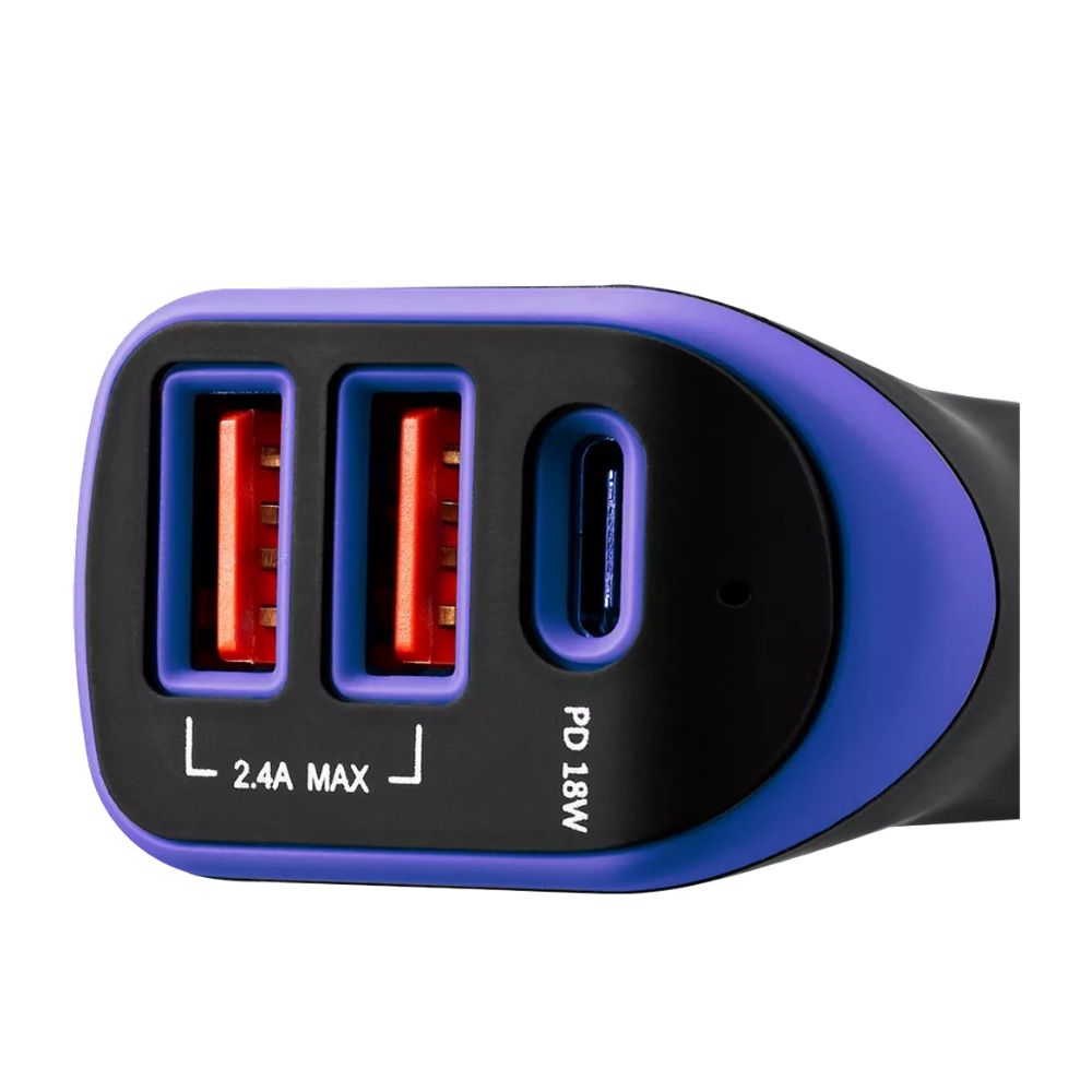 Canyon C-08 Car Charger – 3x USB-A Ports, 2.4A Fast Charging, Smart Safety System compact black purple front view