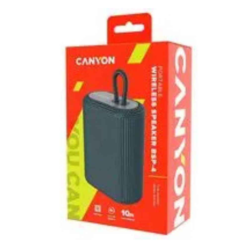 Canyon CNE-CBTSP4DG True Wireless Stereo Portable Bluetooth Speaker – Graphite, Deep Bass Sound retail box with graphite speaker visible