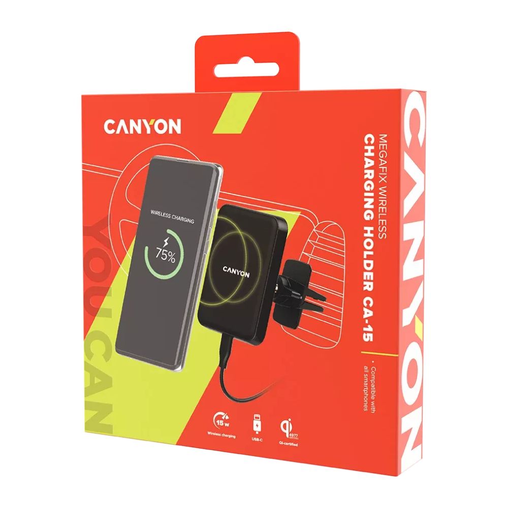 CANYON CH-15 Car Holder black wireless charger packaging showing 15W fast charging, USB-C MegaFix C-15 by CANYON